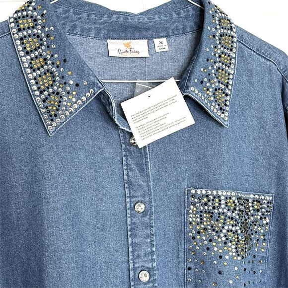 Quacker Factory Denim Button Up Top 2X Rhinestones Bling Western NEW - Picture 2 of 7